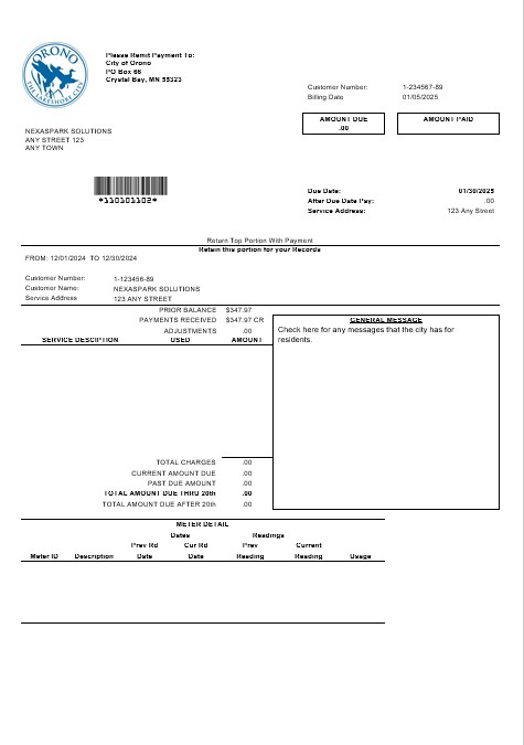 USA Nevada Orono The Lakehore City business utility bill template in Word and PDF formats